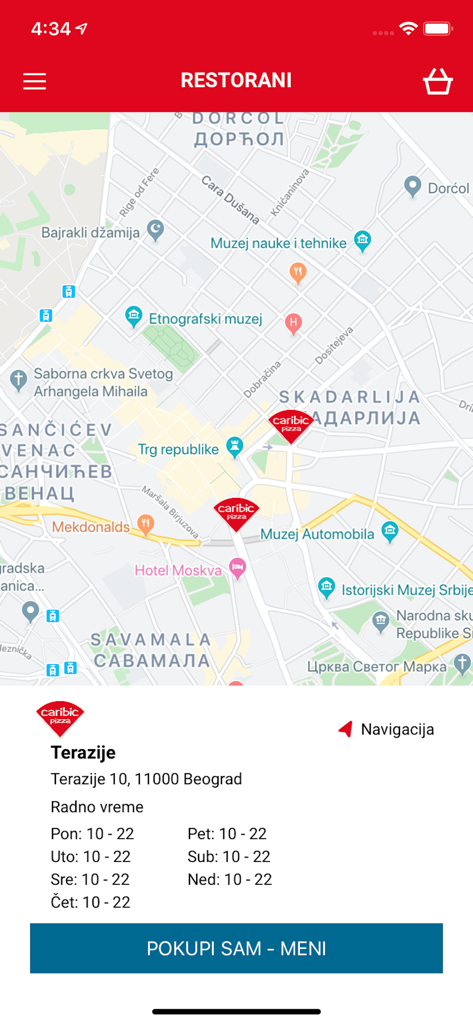 Pantalla de la aplicación móvil Caribic Pizza mostrando las ubicaciones de los restaurantes en un mapa con detalles de dirección y horario de apertura