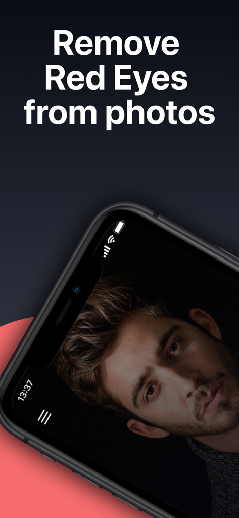 RedEye Fix: Red Eye Corrector - Screenshot of RedEye Fix app showing a portrait and the text Remove Red Eyes from photos