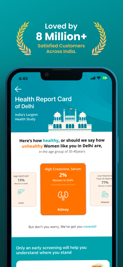 Una pantalla móvil de la aplicación Healthians que muestra una tarjeta de informe de salud para mujeres en Delhi con estadísticas sobre la salud renal, hepática y de vitaminas