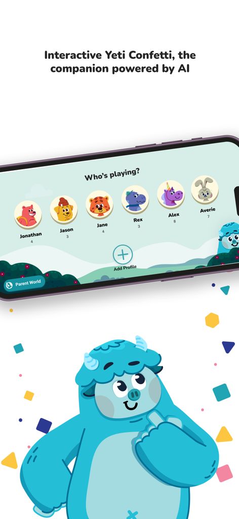 Yeti Confetti Kids - Child profile selection screen with colorful animal avatars and the Yeti mascot in the Yeti Confetti Kids app