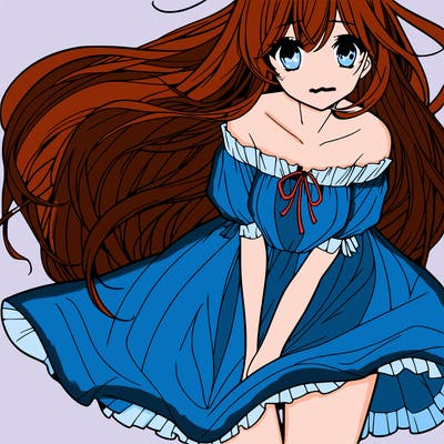 manga girl with long flowing hair and a dress that is pushed down