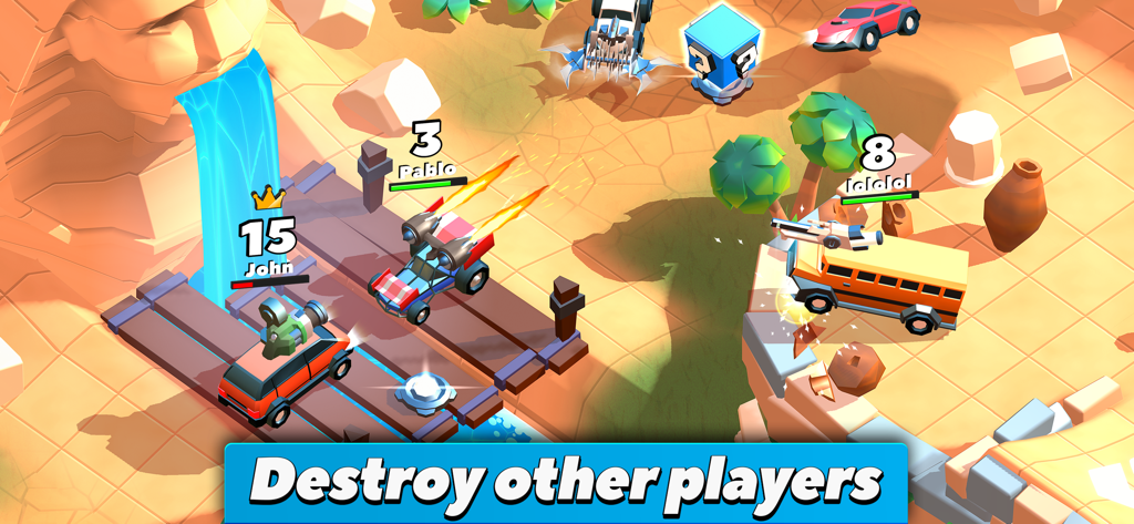 A real time multiplayer car combat scene in a desert environment showing vehicles with weapons and crowns.