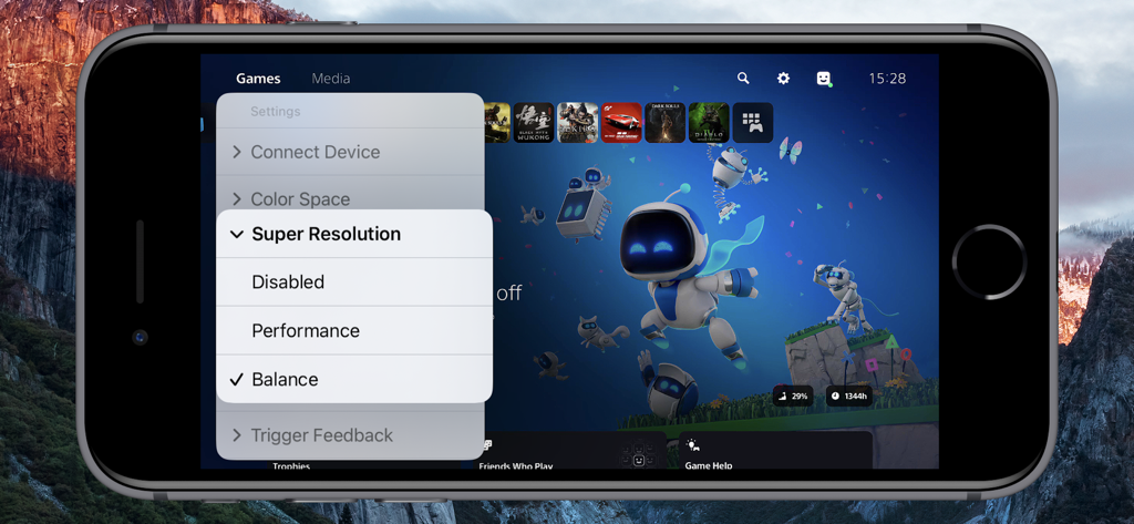 Console Remote App-Oberfläche auf dem iPhone zeigt das Menü PS5 Super Resolution Einstellungen