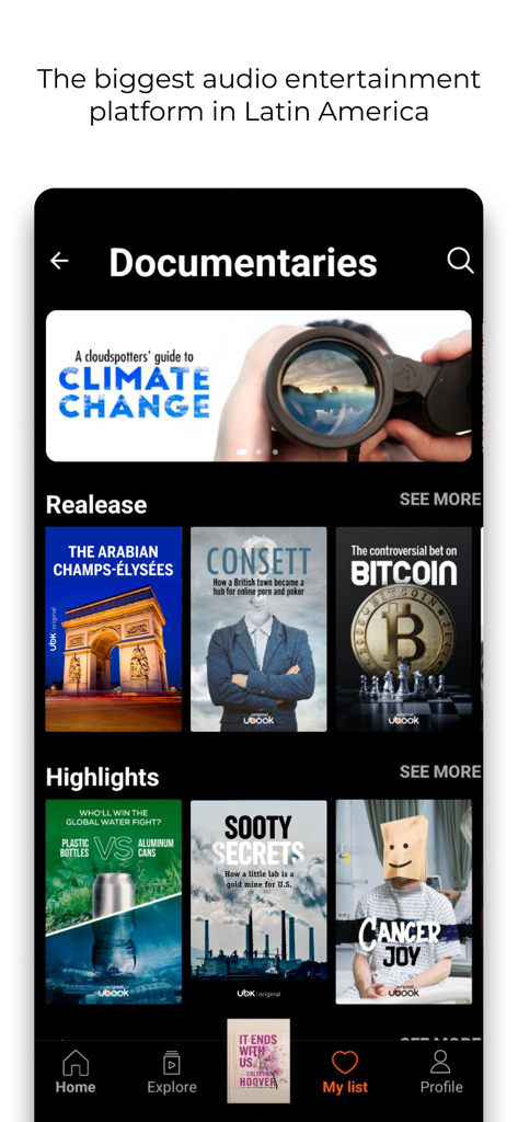 Ubook: Audiobooks - The documentaries section of the Ubook app featuring various audio documentary titles