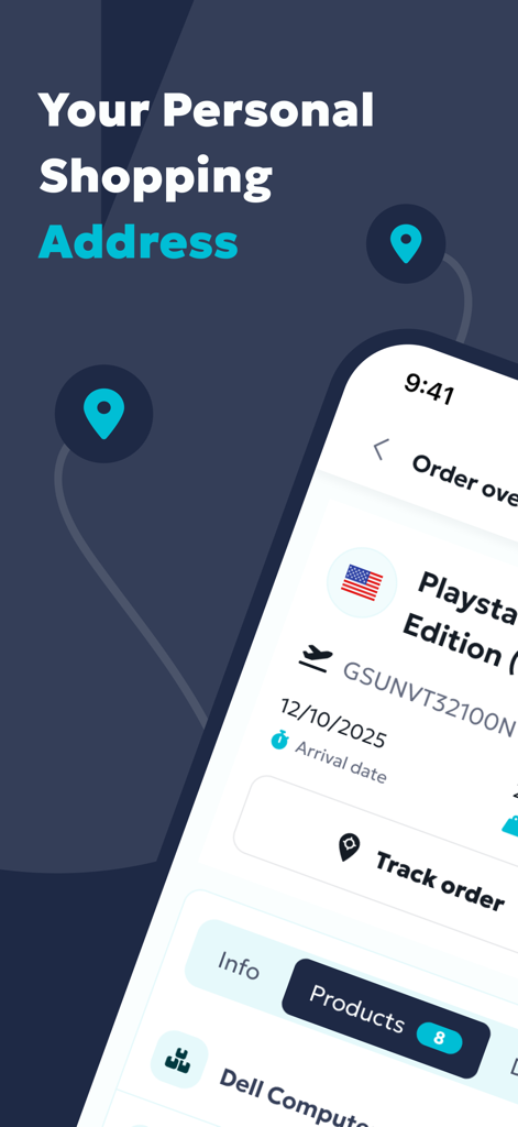 Movato - Online Shopping - Movato app interface showing the personal shopping address feature and international order tracking