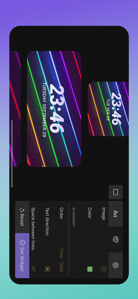 OnClock - Widget - Interface do aplicativo OnClock mostrando opções de personalização para um widget de relógio digital com fundo listrado neon e fontes de designer.