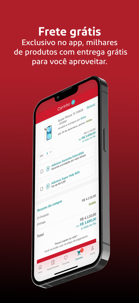 Extra: Loja online com ofertas - Pantalla del carrito de compras de la aplicación Extra mostrando un iPhone 13 y una promoción de envío gratuito