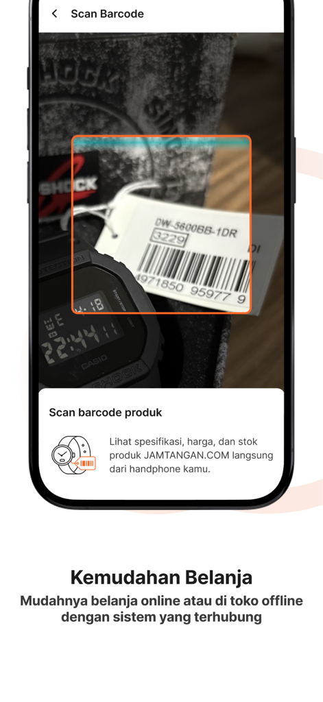 Jamtanganアプリを使用して時計のバーコードをスキャンし、製品仕様と店舗の在庫状況を表示するスマートフォンの画面。