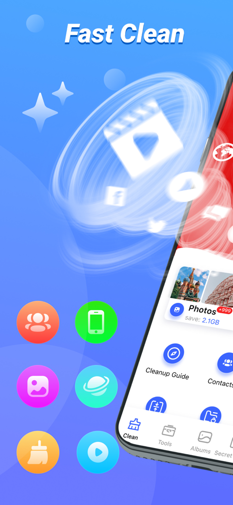 Powerful Cleaner-Clean Storage - Smartphone-Bildschirm, der die Funktion 'Fast Clean' der Powerful Cleaner App mit Symbolen für zu löschende Fotos und Videos anzeigt