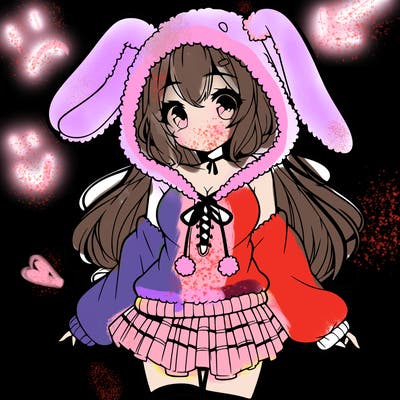 pretty anime girl wearing a fluffy hoodie with bunny ears on the hood and a skirt