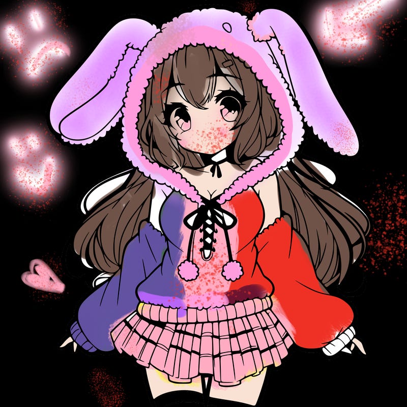 pretty anime girl wearing a fluffy hoodie with bunny ears on the hood and a skirt