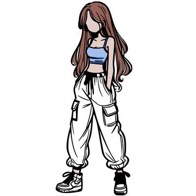 girl in baggy pants crop top and long hair