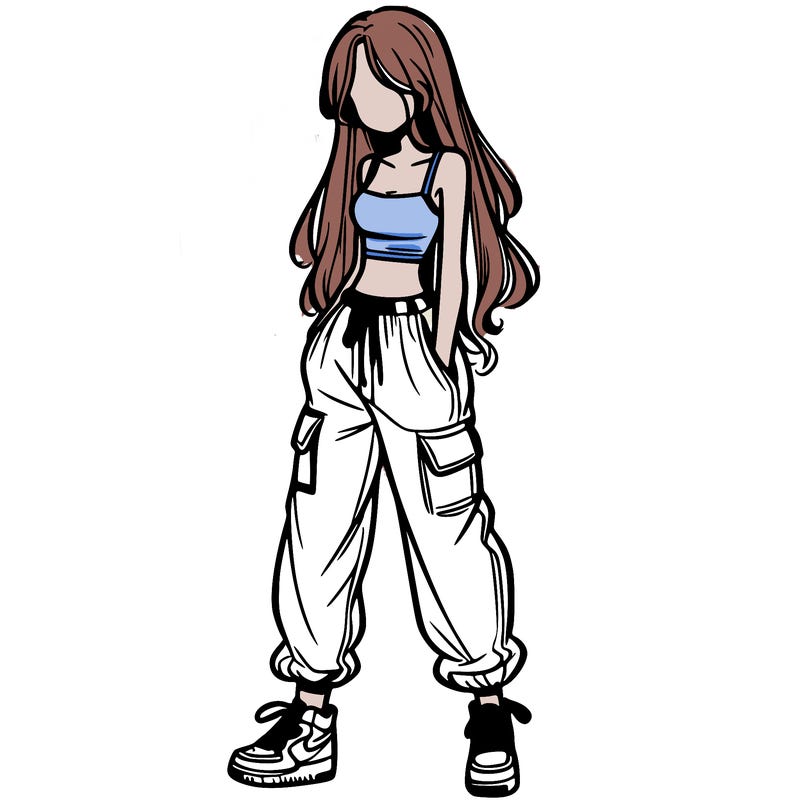 girl in baggy pants crop top and long hair