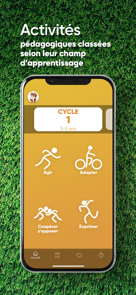 Accès EPS - Écran de l'application Accès EPS montrant des activités pédagogiques pour le Cycle 1, âges 3 à 5