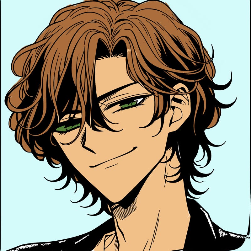 a manhwa style of a 21 year old male with waist length hair and a smirk on his face with a mischievous look in his eyes