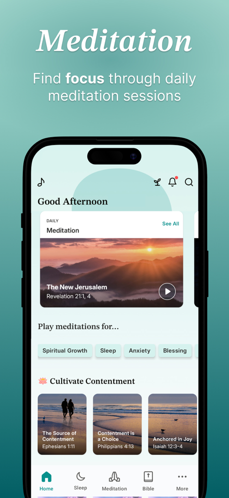 The Abide app home screen showing daily biblical meditation sessions and categories for spiritual growth and sleep.