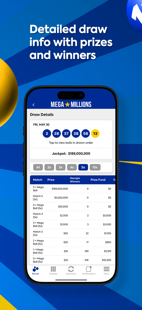 Mega Millions Lottery - A smartphone displaying the Mega Millions lottery app with winning numbers and a detailed prize breakdown table.