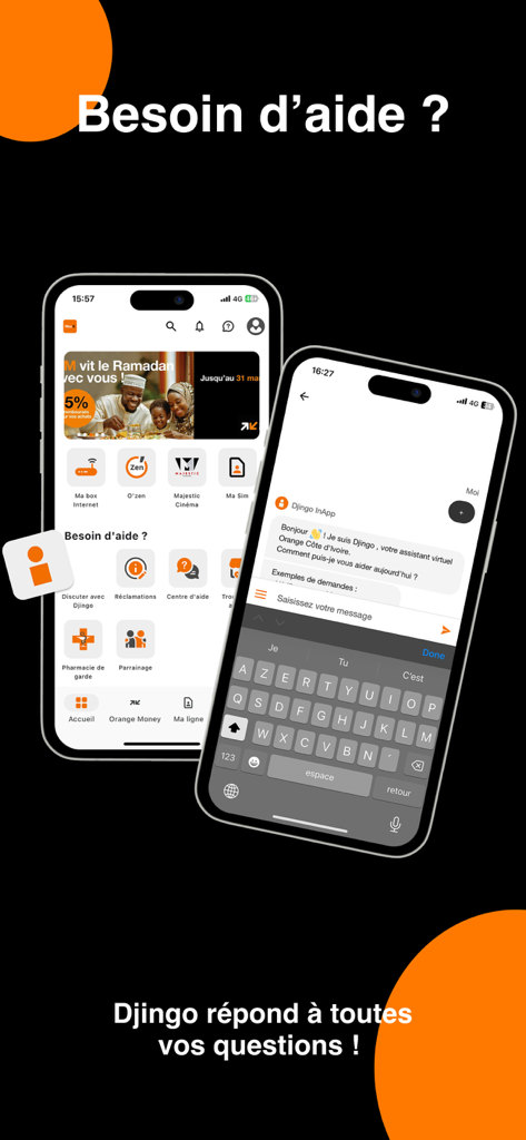 Interface de l'application Orange Max it pour le support client avec l'assistant virtuel Django