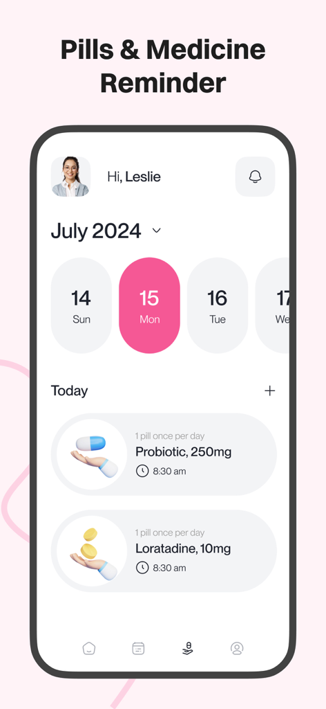 Simple Period Track +Ovulation - Interfaz de recordatorio de pastillas y medicamentos en la app Simple Period Track