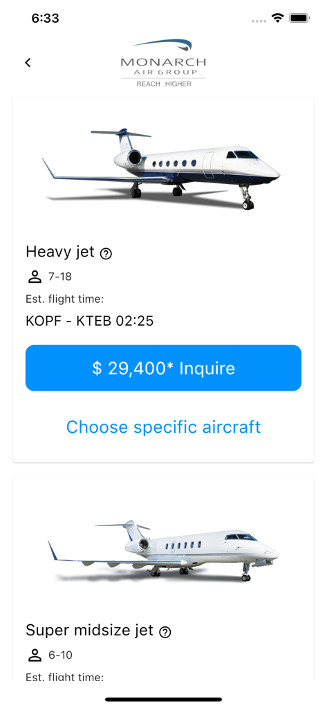 Private Jet Charter - MAG - Monarch Air Group app interface showing private jet charter options and pricing