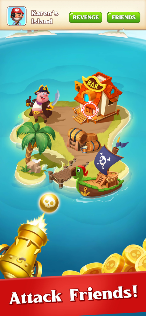 Gameplay screenshot showing a golden cannon attacking a pirate island in the Pirate Master mobile game