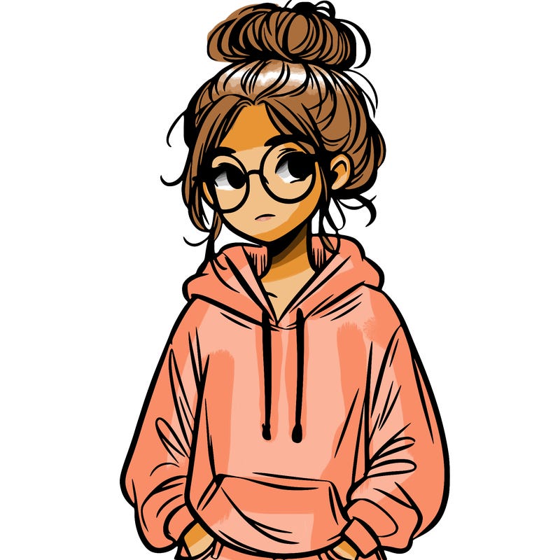teen girl with a messy bun and glasses wearing a loose hoodie and jeans