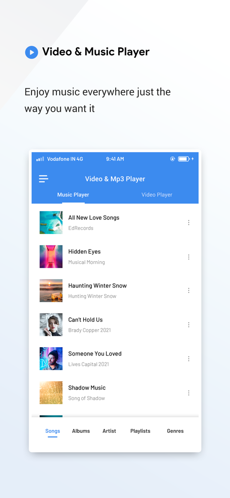 All Media Player : MP3 Player - All Media Player app screen showing a music library with a list of songs and album covers.
