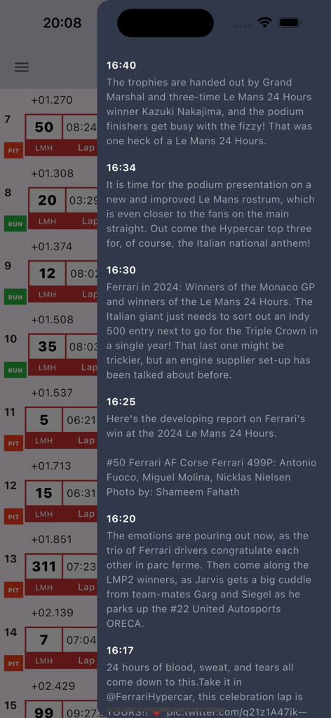 24 Hours of Le Mans - Uno screenshot dell'app 24 Ore di Le Mans che mostra un feed di commento testuale live sovrapposto alla classifica di gara con posizioni delle auto e tempi sul giro.