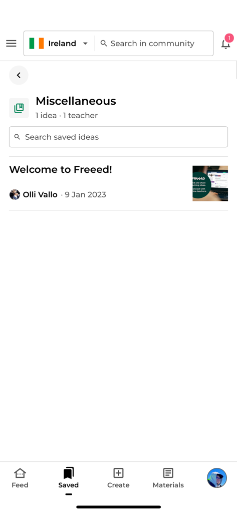 Interface of Freeed for Teachers app showing the Saved ideas section with a welcome post and search functionality.