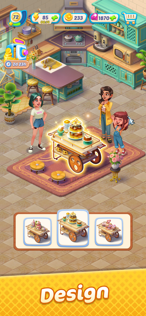 Selecting a dessert cart design in the Gossip Harbor restaurant kitchen