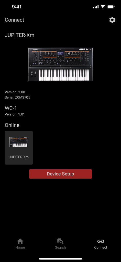 Roland Cloud Connectアプリのインターフェースに、JUPITER-Xmシンセサイザーの接続ステータスとデバイスセットアップが表示されています。