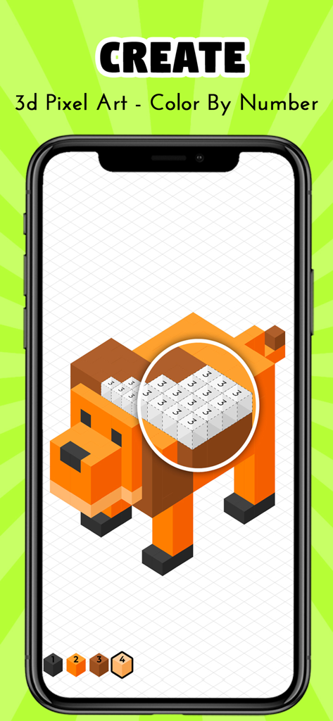 Una pantalla de smartphone mostrando un león de arte de píxeles 3D siendo coloreado por números en la aplicación Creato.