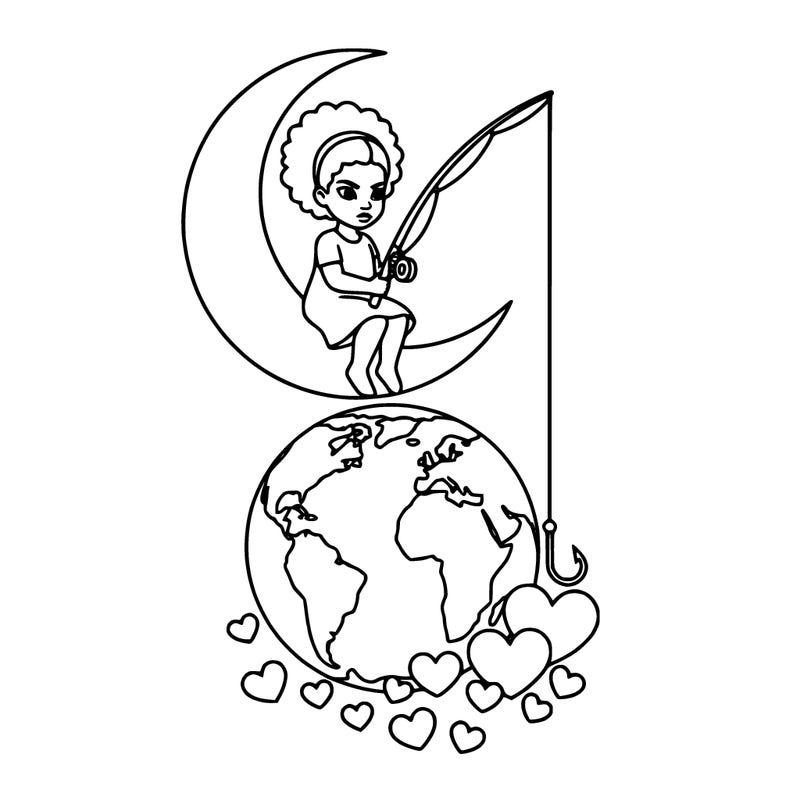 black girl sitting on the moon fishing rod dropping down into earth catching hearts as fish.