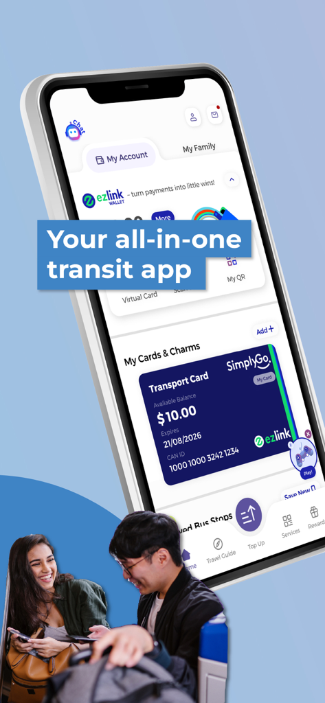 SimplyGo - SimplyGo app interface showing a digital transport card with a ten dollar balance and user account details
