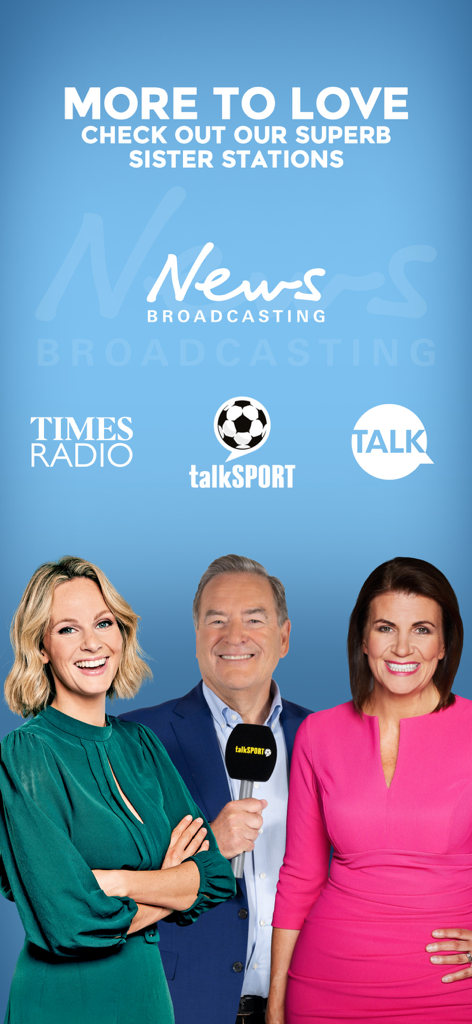 Pantalla promocional de las estaciones hermanas de Virgin Radio UK, incluyendo talkSPORT Times Radio y TALK con presentadores destacados.