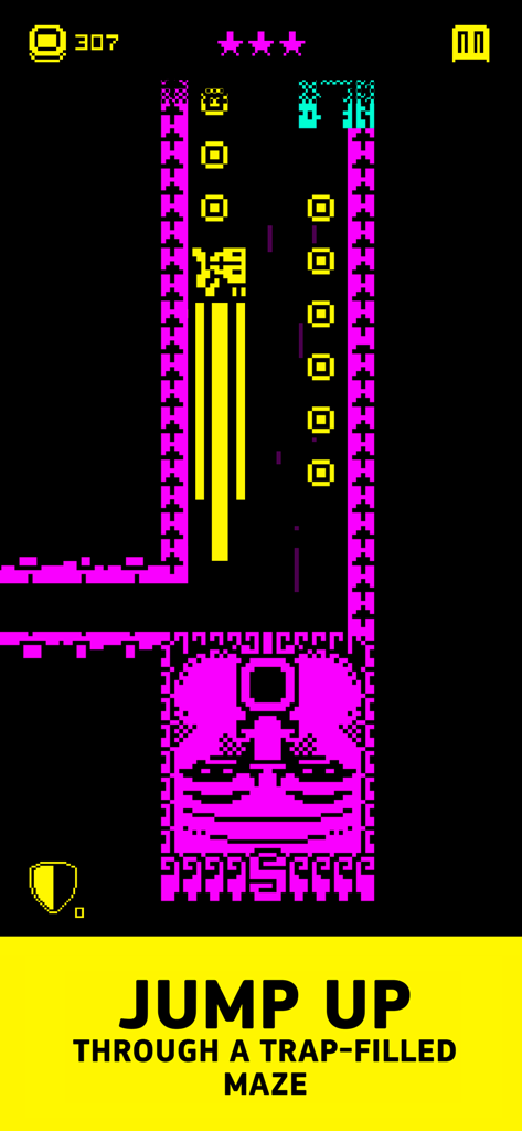Yellow pixel character jumping through a neon purple trap filled maze