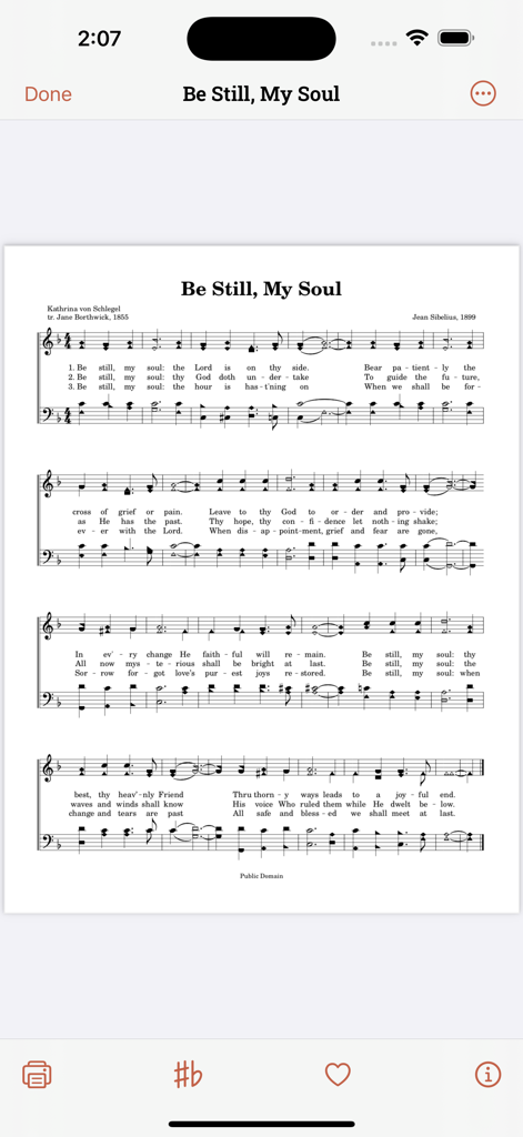 Stanza Music - Shaped note sheet music for the hymn Be Still My Soul in the Stanza Music app interface