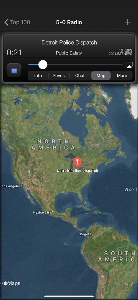 Screenshot of the 5-0 Radio Pro Police Scanner app showing a satellite map with a location pin for the Detroit Police Dispatch feed.