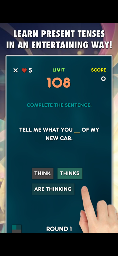 An English grammar quiz interface from the Present Tenses Test PRO app showing a fill-in-the-blank question with multiple choice options.