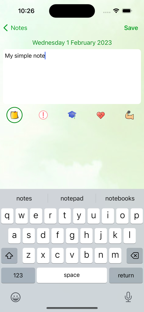 My Calendar - Shift schedule - The note entry interface in the shift schedule app showing a text field and category icons