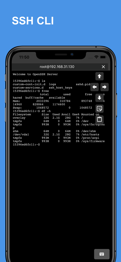 Docker Server Admin - SSH CLI terminal interface on a mobile phone displaying Linux command output for remote server management