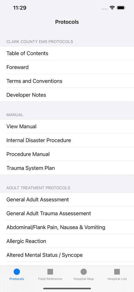 SNHD Protocols - Main menu of the SNHD Protocols app listing Clark County EMS manuals and adult treatment protocols