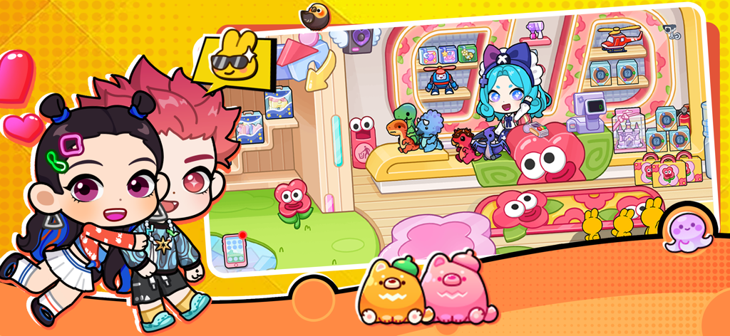 Tut World：Home Town Builder - Cute cartoon characters hugging in a colorful toy store with various toys on shelves