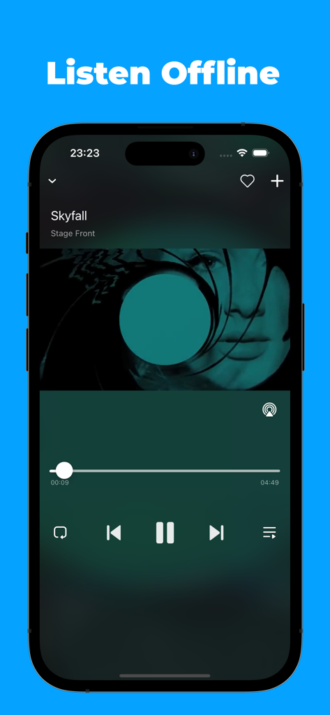 Interface de l'application Lark Music montrant la lecture MP3 hors ligne et les commandes musicales sur un iPhone