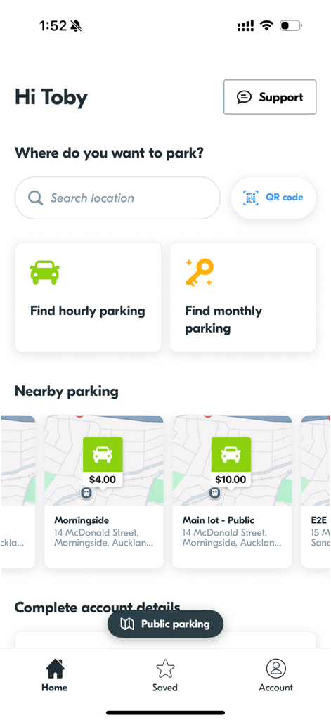 Parkable app home screen showing options for hourly and monthly parking with nearby locations and prices.
