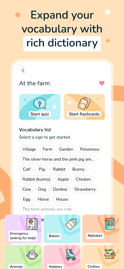 ASL Bloom app interface showing the sign language vocabulary dictionary and learning categories