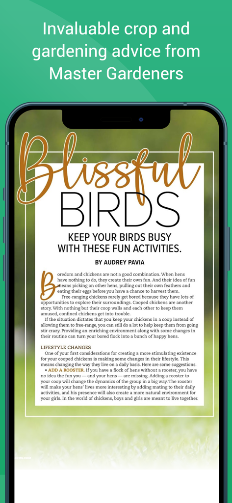 Hobby Farms Magazine - Smartphone screen showing a poultry care article in the Hobby Farms Magazine app