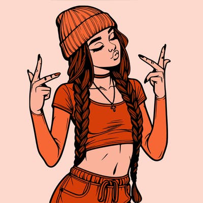 realistic teenage girl with braids and a beanie and crop top doing 🫶🏼
