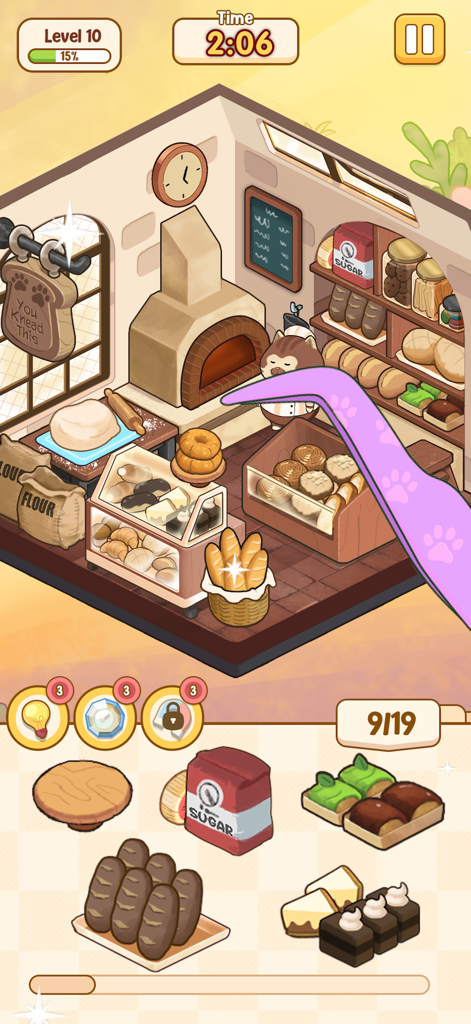 Sticker Room: Cozy Home - A cozy bakery scene in Sticker Room showing a player placing pastry stickers into a kawaii kitchen room