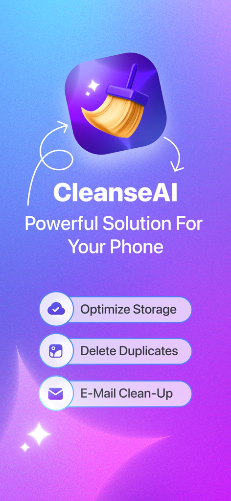 Cleanse AI－Phone, Mail Cleaner - Interfaz de la aplicación Cleanse AI que muestra optimización de almacenamiento, eliminación de fotos duplicadas y herramientas de limpieza de correo electrónico